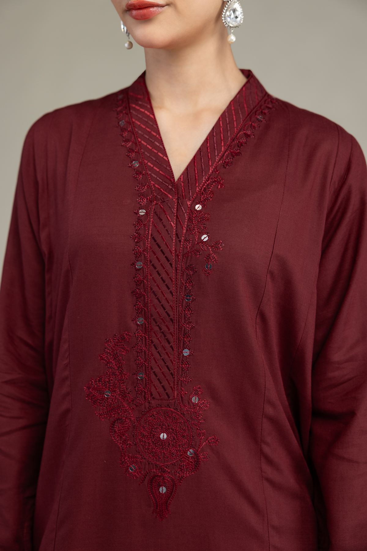 Embroidered Raw Silk Maroon V-Neck Kurta - 1-26-225-A-C1-VG