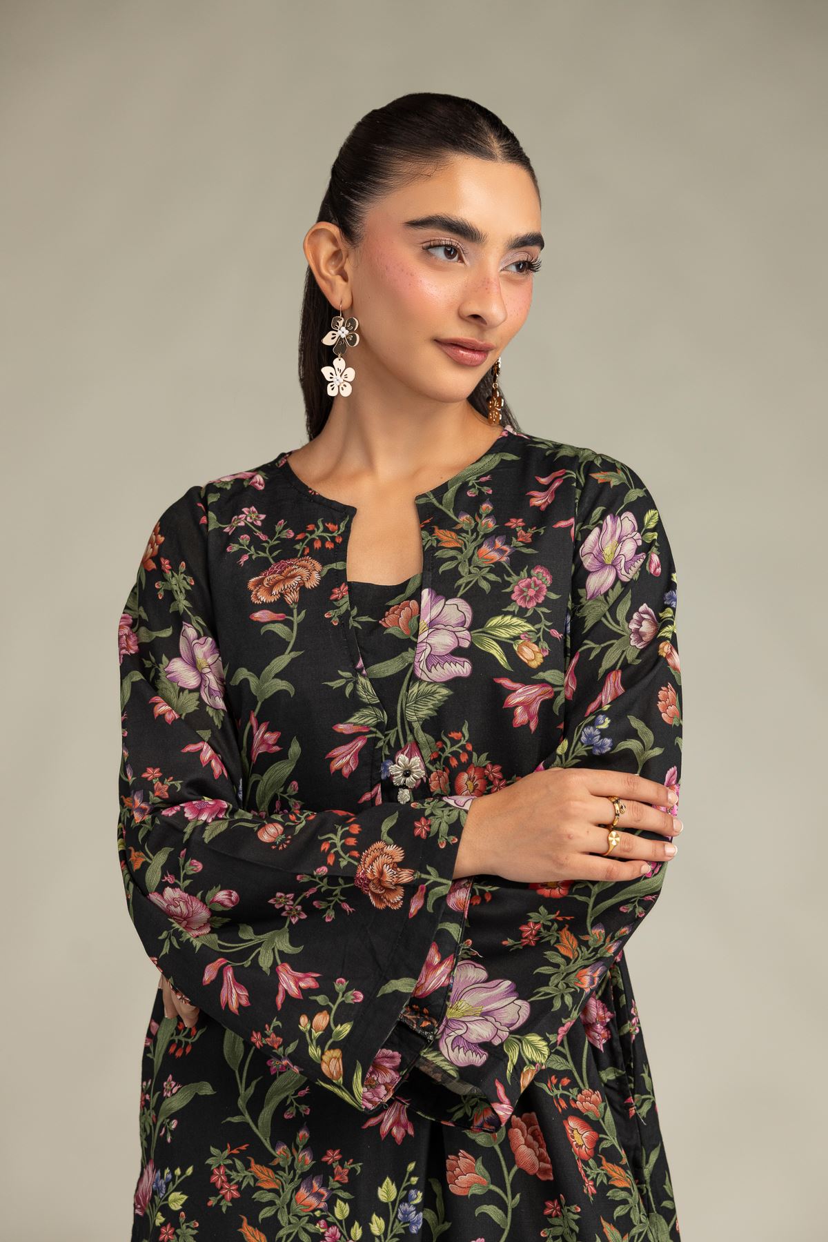 Printed Raw Silk Black Floral Kurta - 8-26-303-A-C1-VG