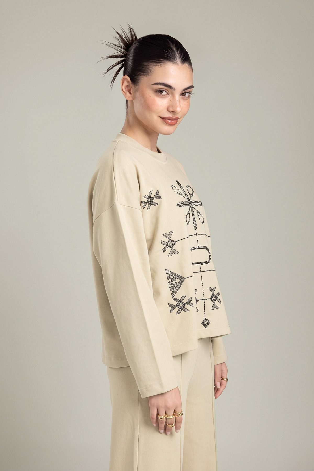 Embroidered Double Jersey Tribal Pullover Sweatshirt - 2-26-202-A-D-VG