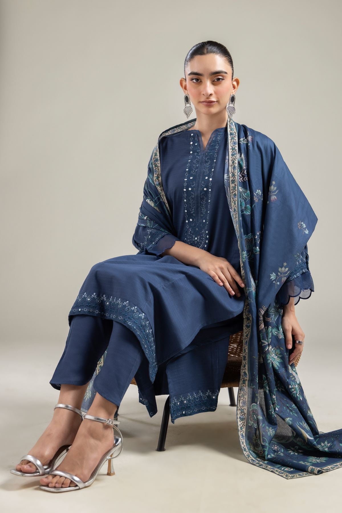 Embroidered Cotton Dobby Long Navy Kurta - T-A22-26-122FI1-VG
