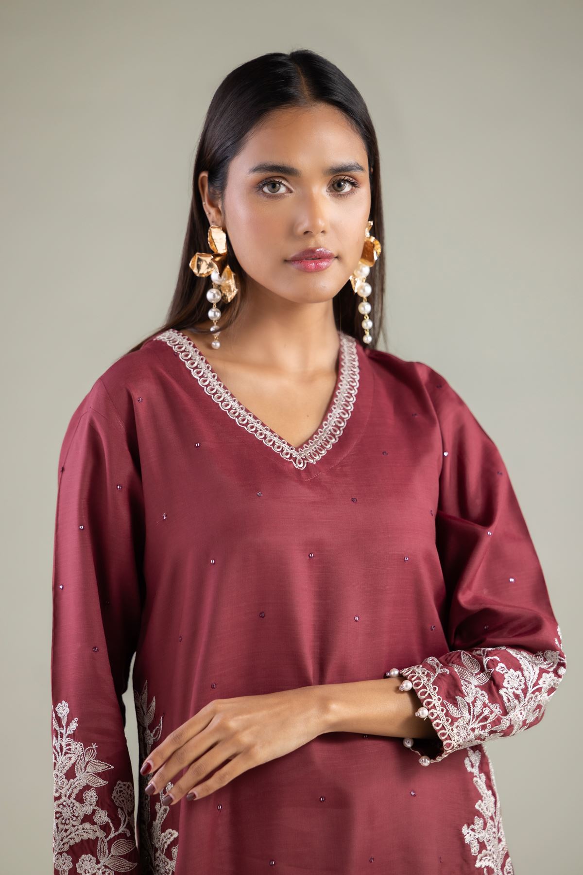 Embroidered Raw Silk Floral Pearl Kurta - 1-26-250-B-H1-VG