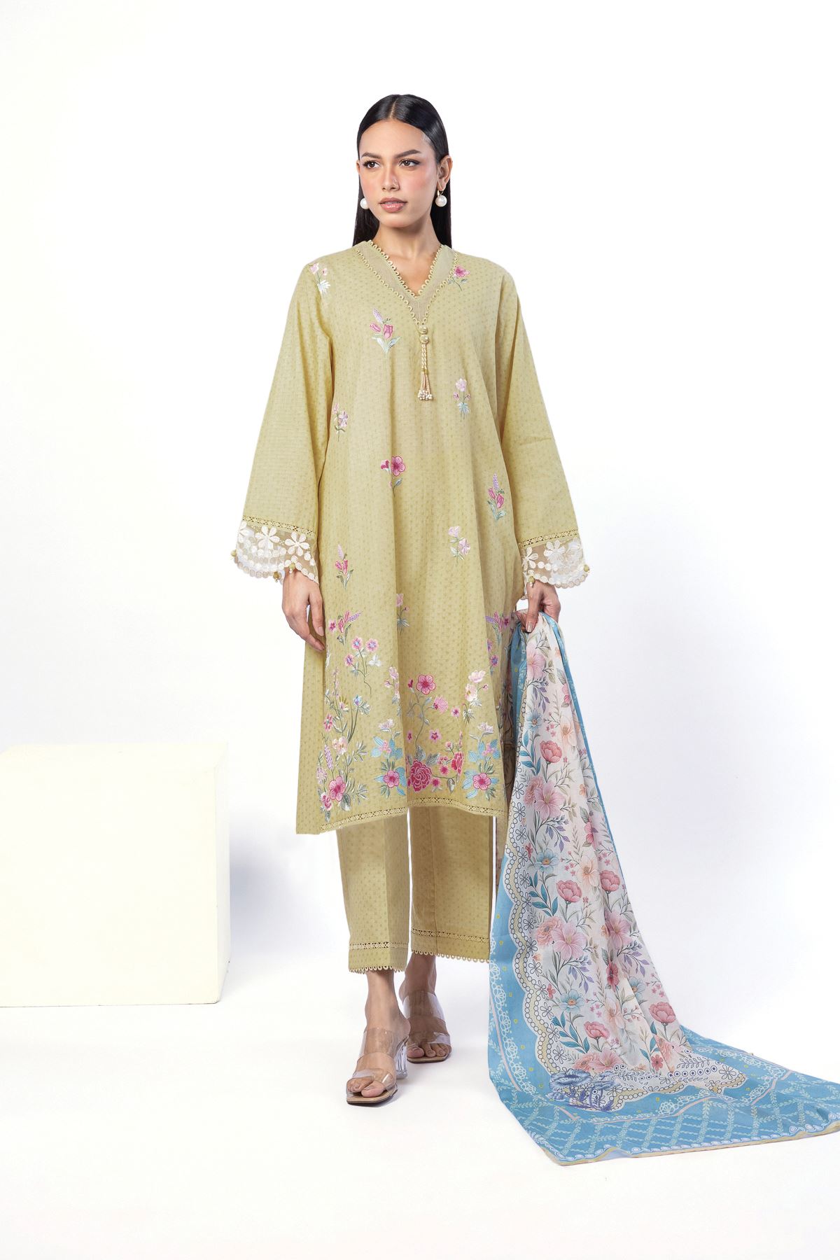 Embroidered Cotton Dobby Tailored 3 Piece - 1-26-113-A-B-VG