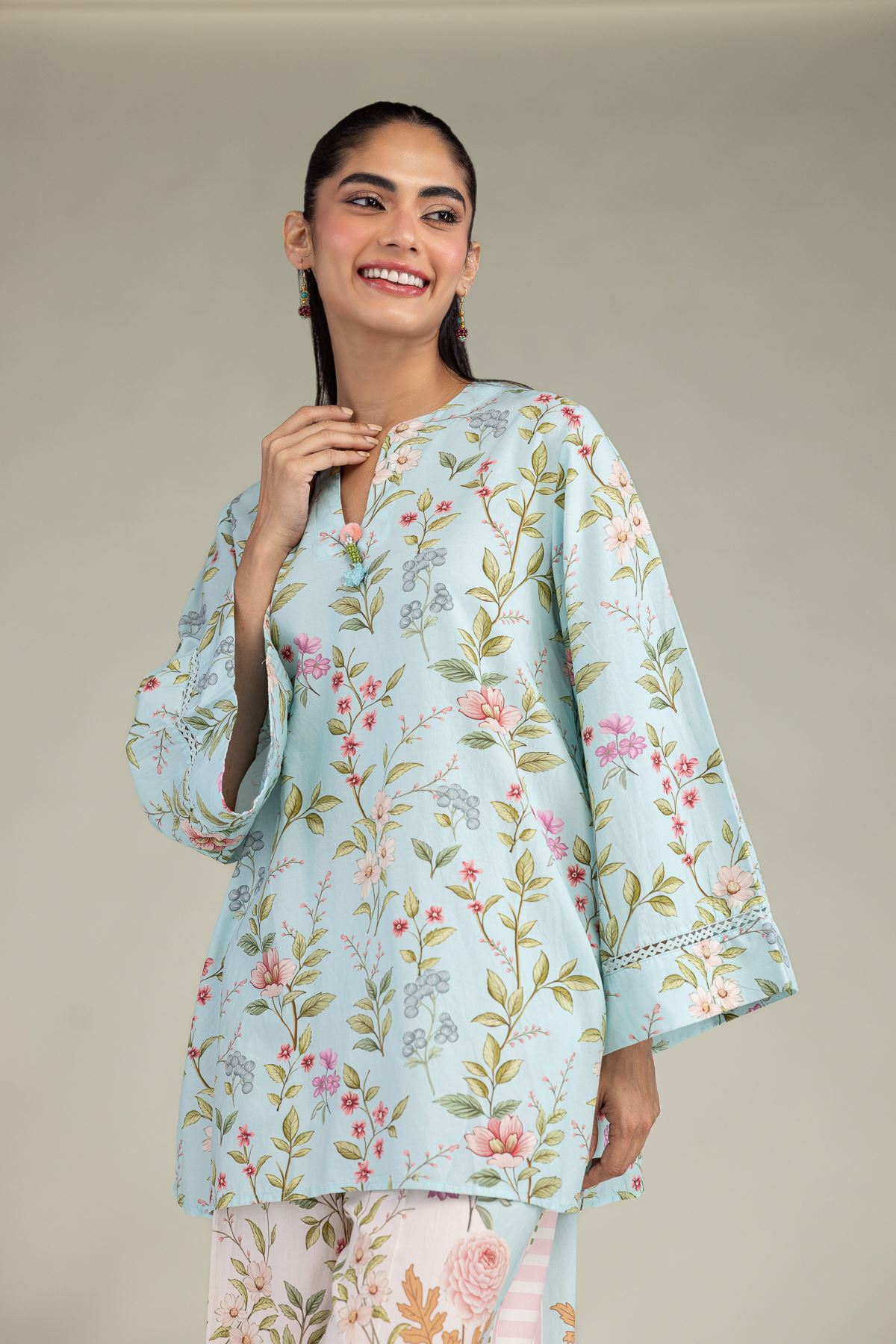 Printed Cotton Viscose Blue V-Neck Kurta - 1-26-216-B-F1-VG