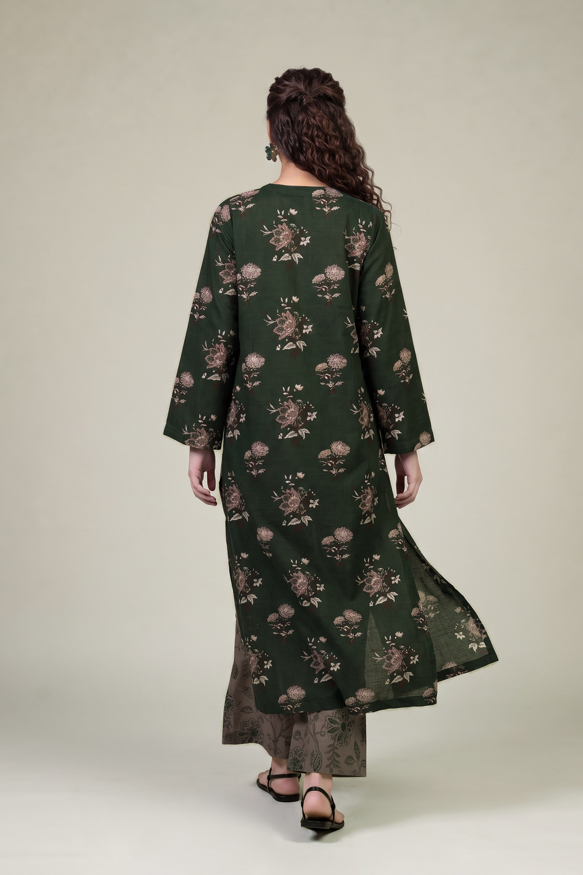 Printed Light Khaddar Longline Floral Kurta - 1-26-415-A-F2-VG