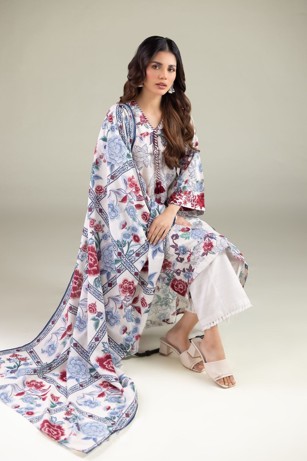 Embroidered Textured Cotton Floral Longline Kurta - 25-07-7E4-08TB-VG