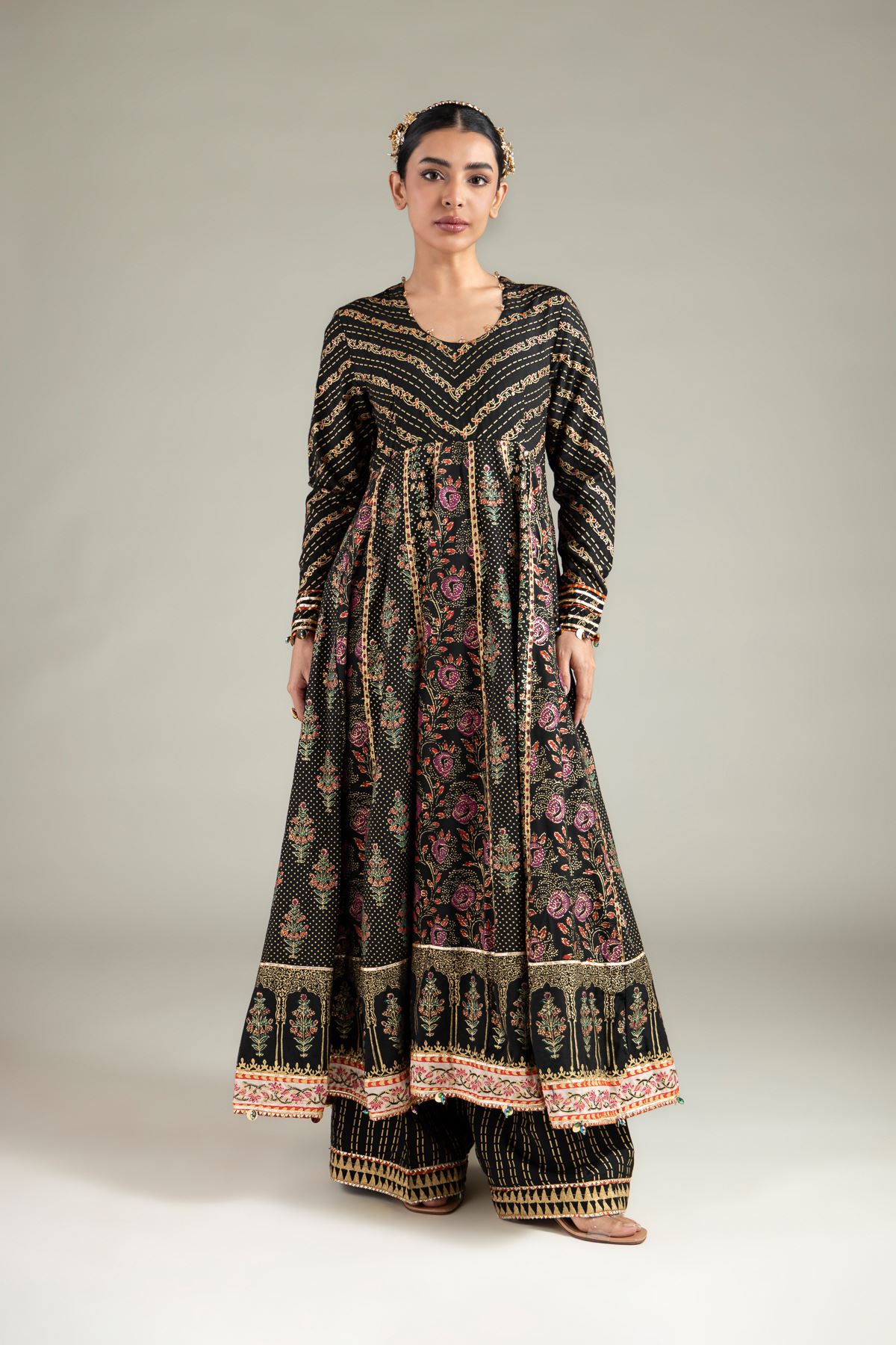 Printed Raw Silk 2 Piece Co-ord Set | Top and Bottom - 1-26-115-A-B-VG