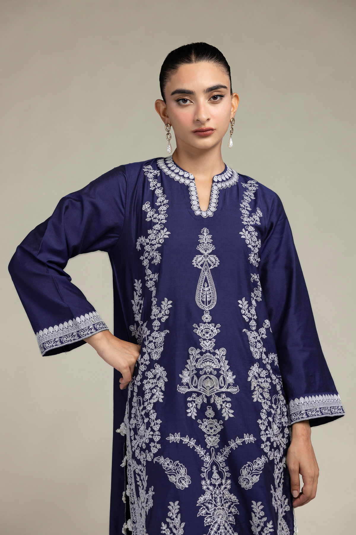 Embroidered Raw Silk Navy Floral Kurta - 1-26-306-B-B1-VG