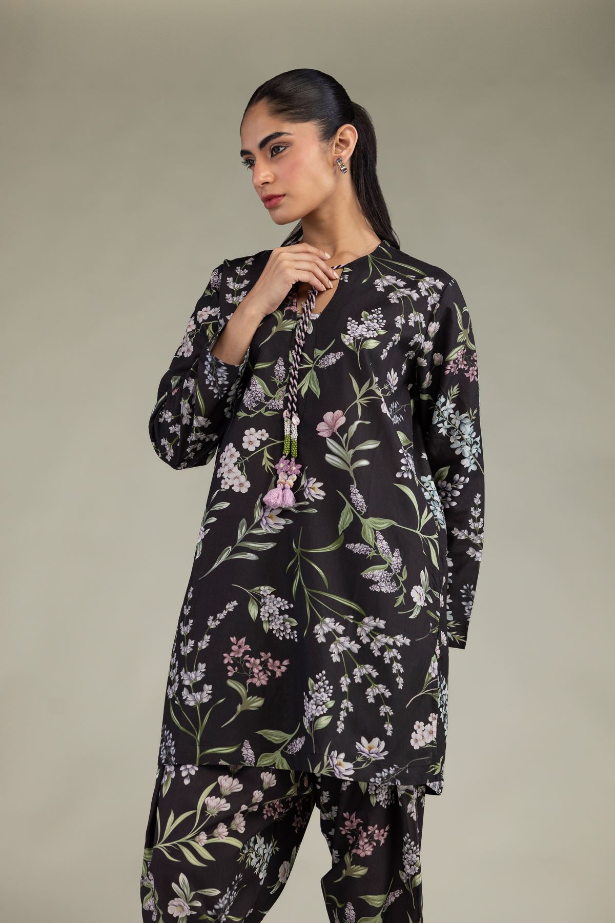 Printed Cotton Viscose Black Floral Kurta - 1-26-102-A-F-VG