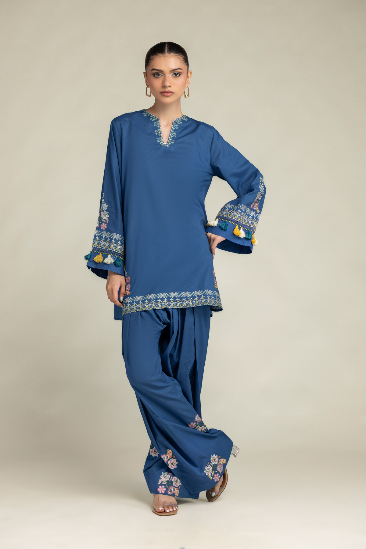 Embroidered Cambric Floral Blue Shalwar - 8-26-303-A-C1-VG