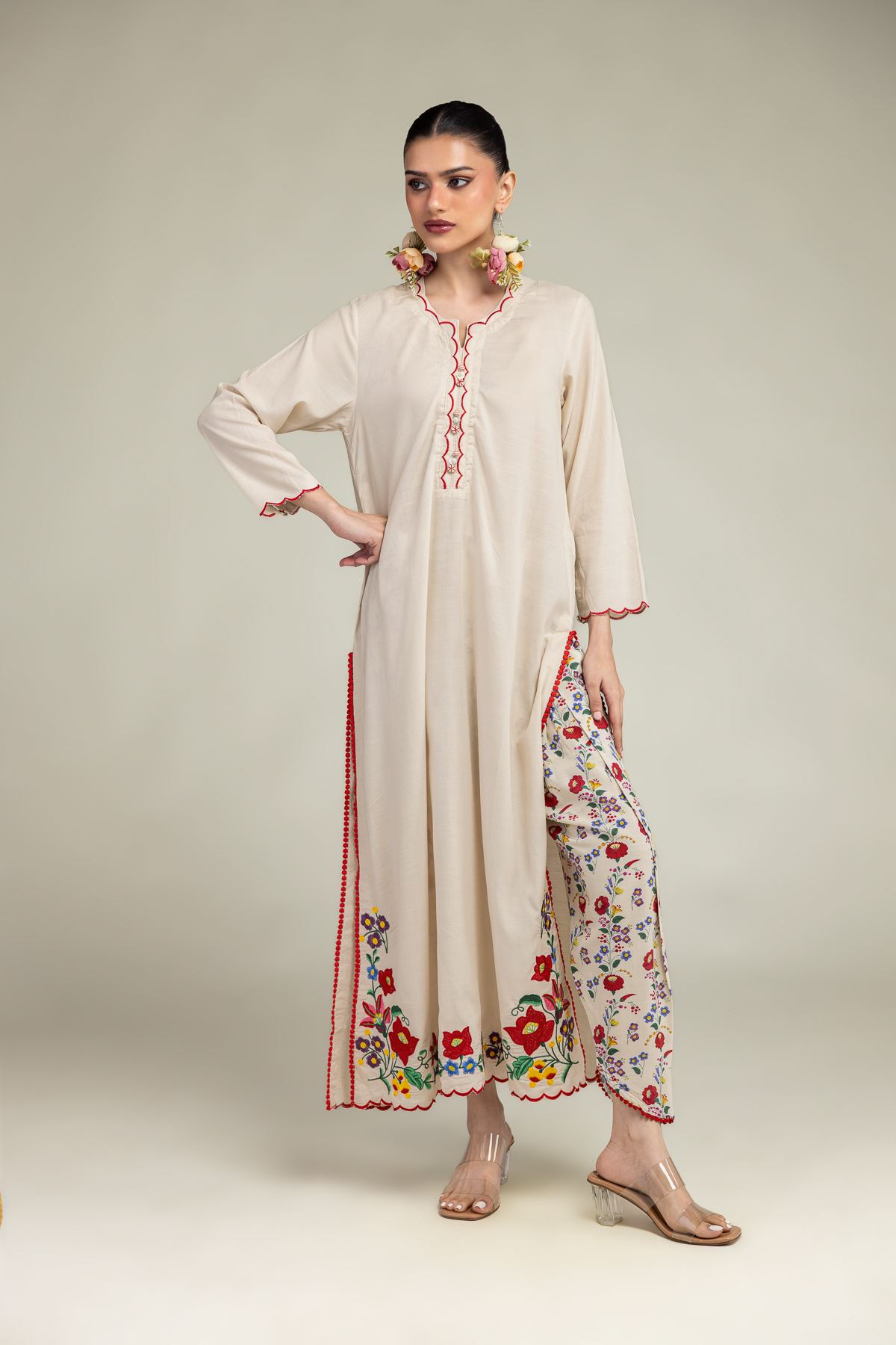 Embroidered Raw Silk Floral Scalloped Kurta - 1-26-203-A-H1-VG