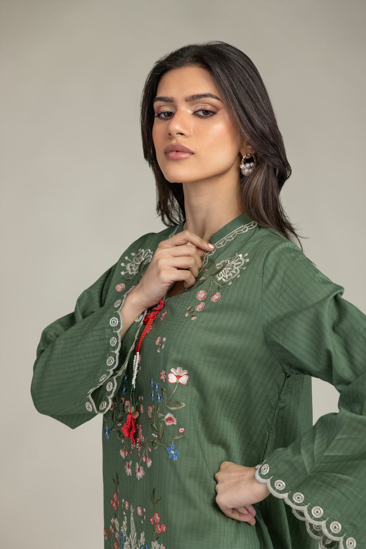 Embroidered Cotton Dobby Short Green Kurta - 2-26-210-A-C1-VG