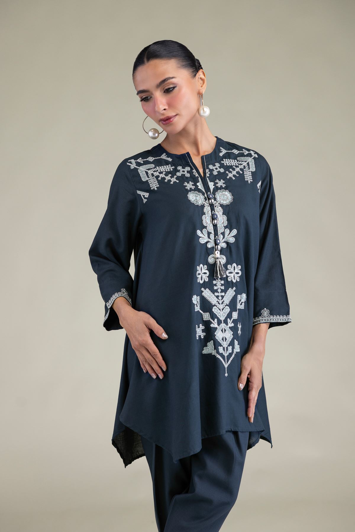 Embroidered Raw Silk Floral Navy Kurta - 8-26-209-A-D1-VG