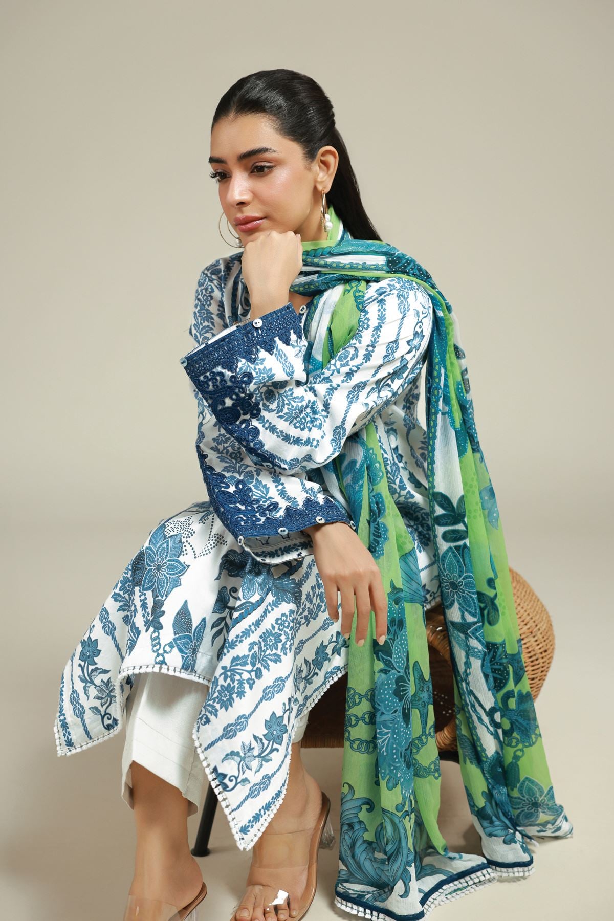 Embroidered Satin Floral Printed Suit - T-A22-26-106FG-VG