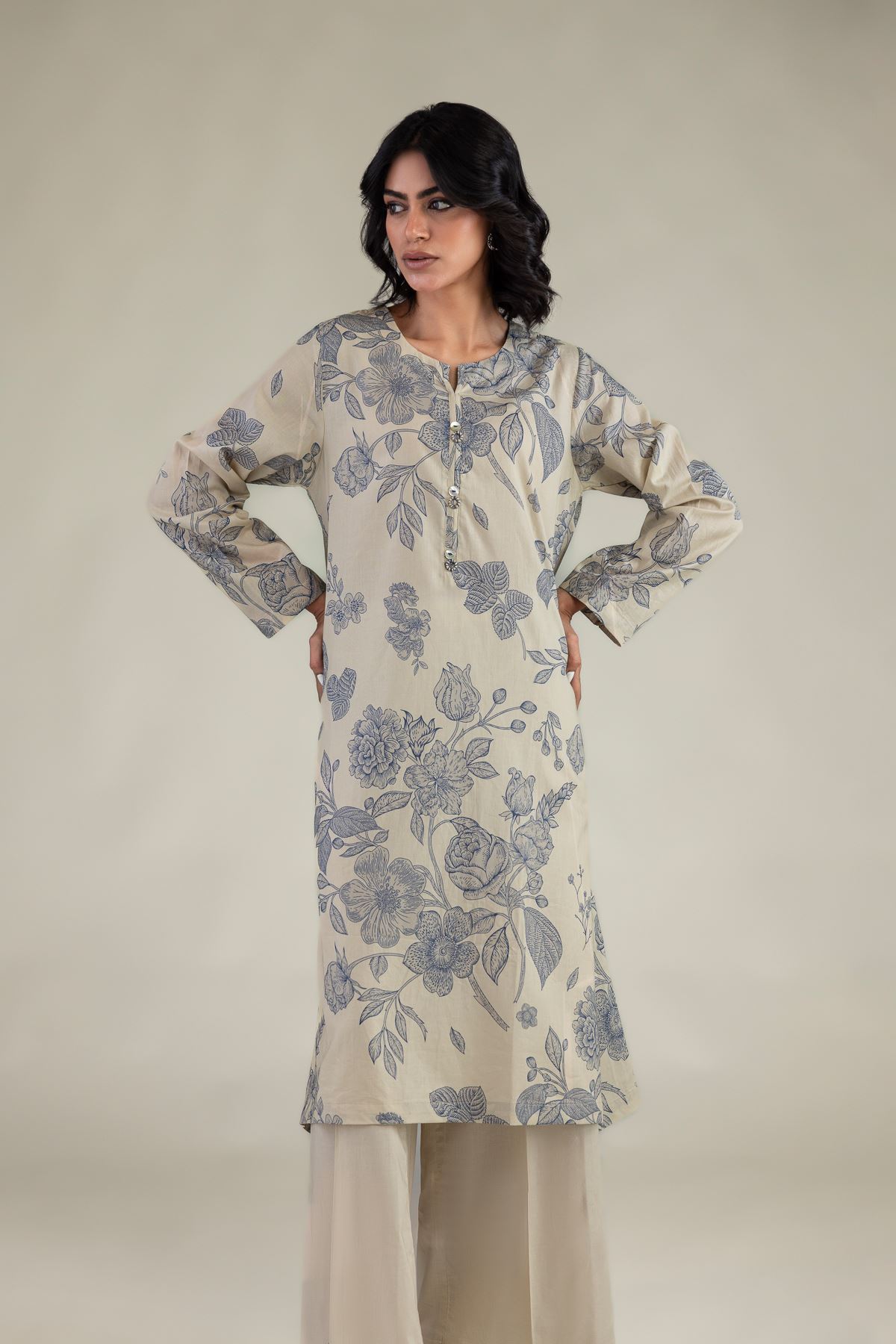 Embroidered Cambric Floral Longline Kurta - 1-26-229-B-F1-VG
