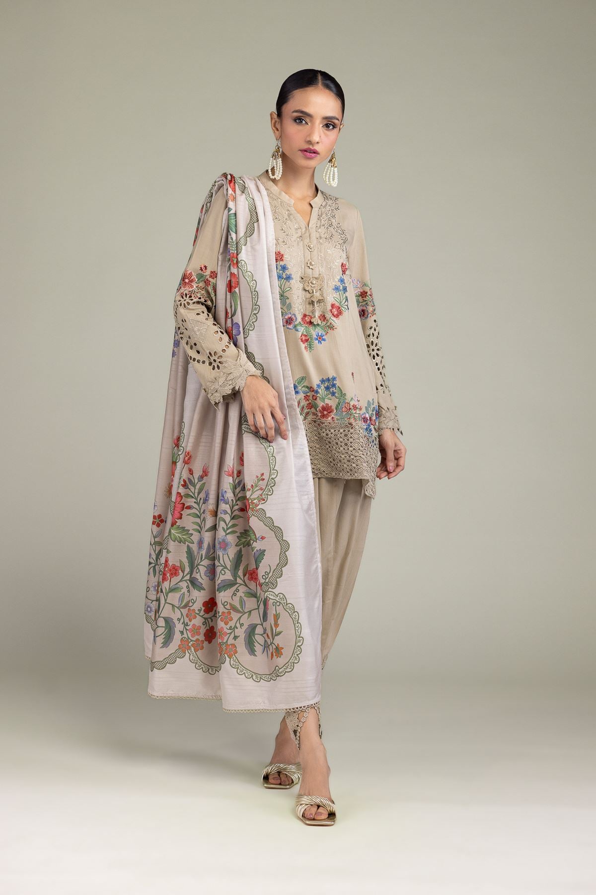 Embroidered Raw Silk Floral Silk Kurta - 1-26-131-A-B-VG