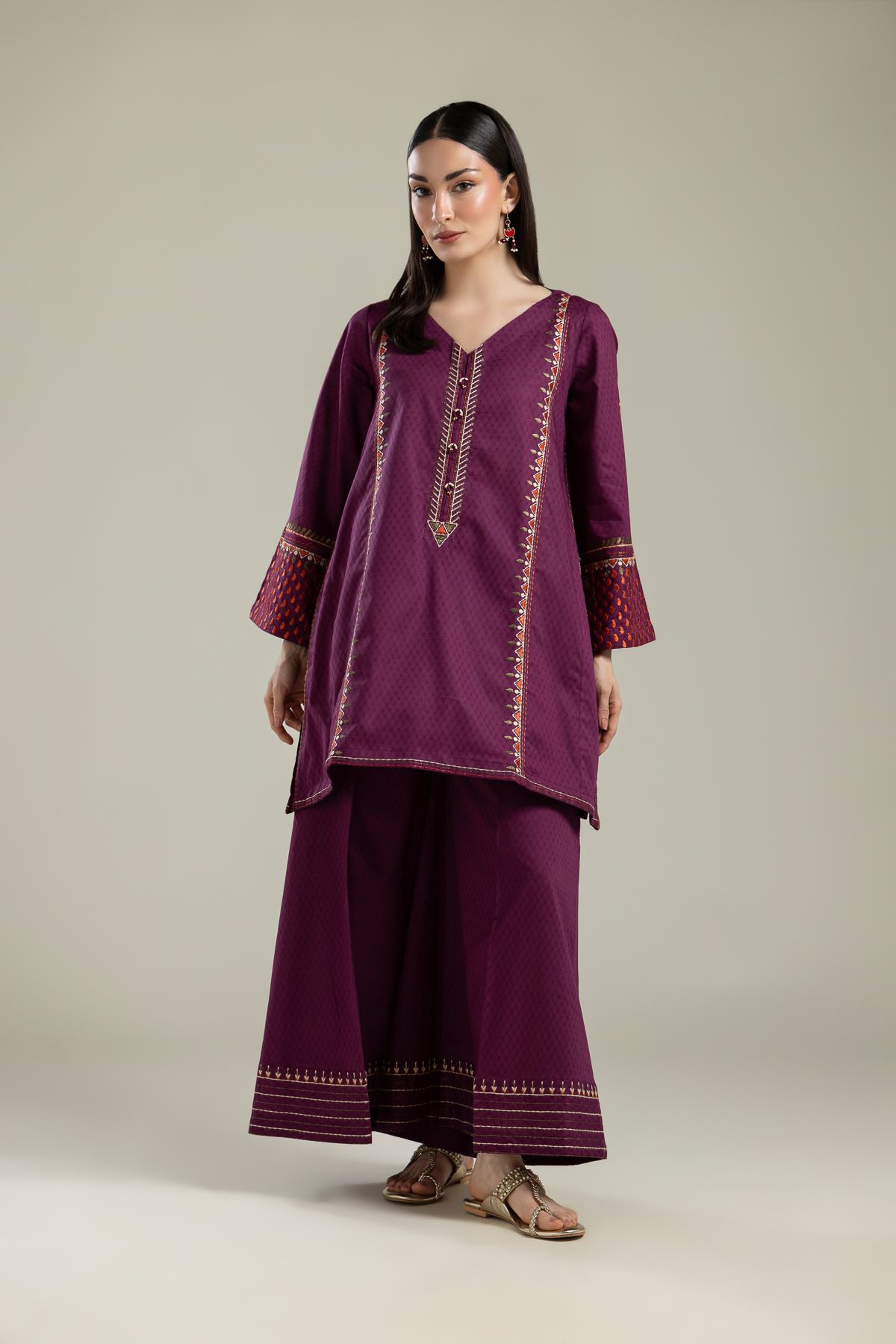 Embroidered Cotton Dobby V-Neck Cotton Kurta - 2-26-202-A-E-VG