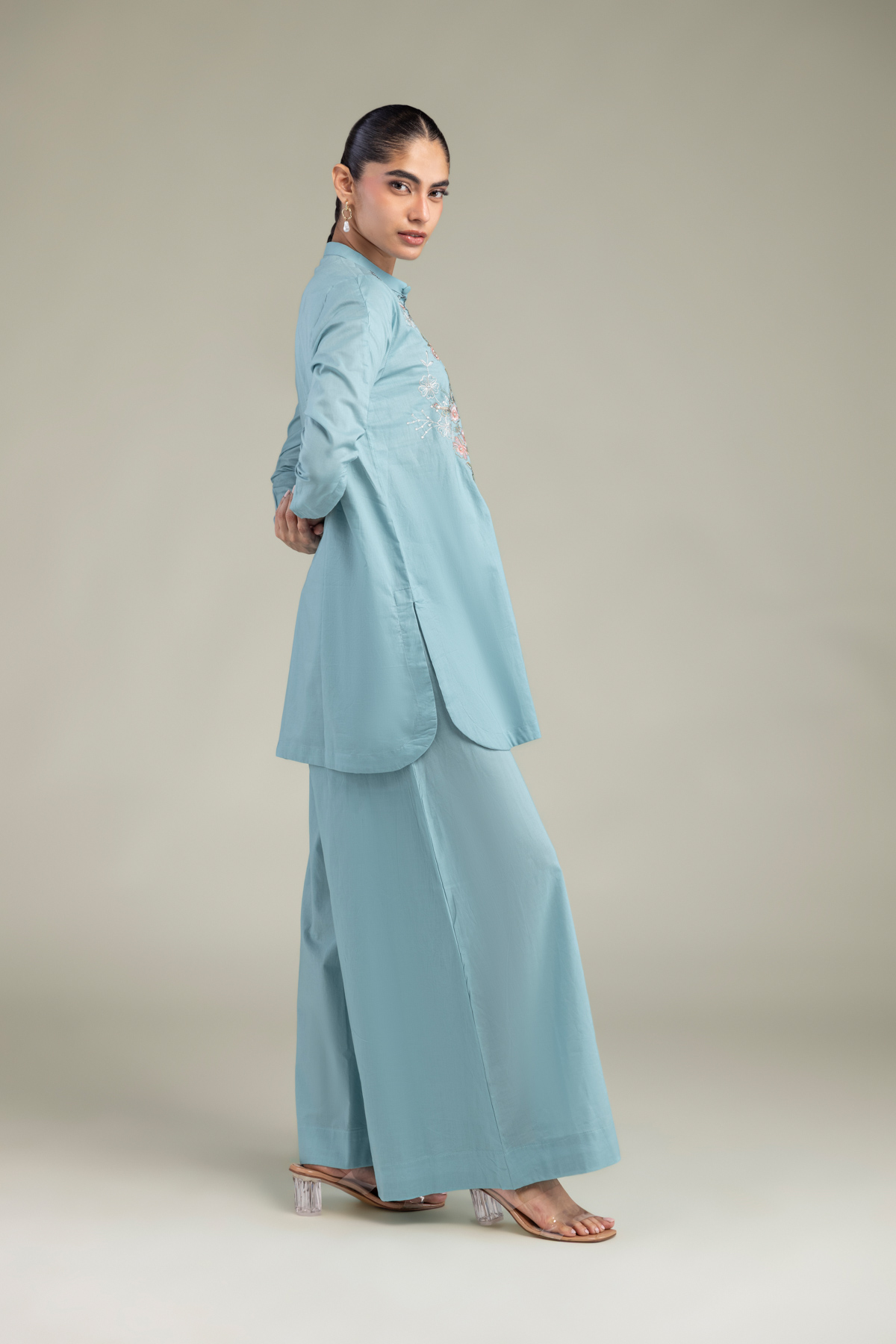 Embroidered Cambric Light Blue Pants - 1-26-102-A-F-VG