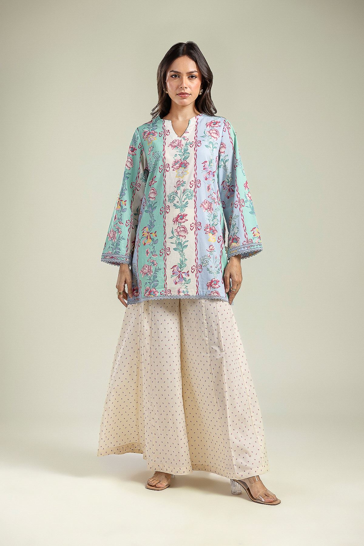 Printed Cambric Floral V-Neck Kurta - 1-26-208-A-F1-VG