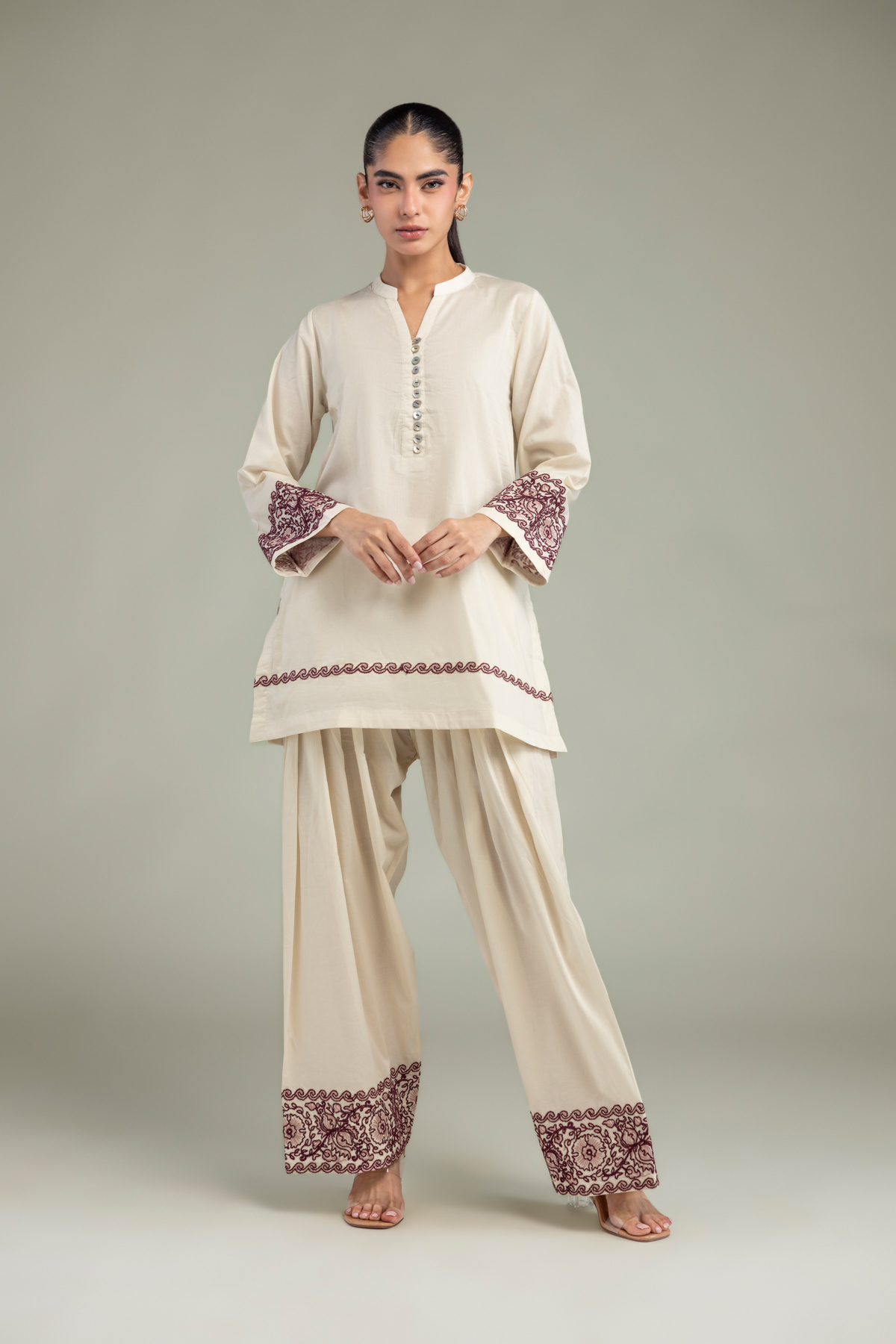 Embroidered Cambric V-Neck Cambric Kurta - 1-26-102-A-F-VG