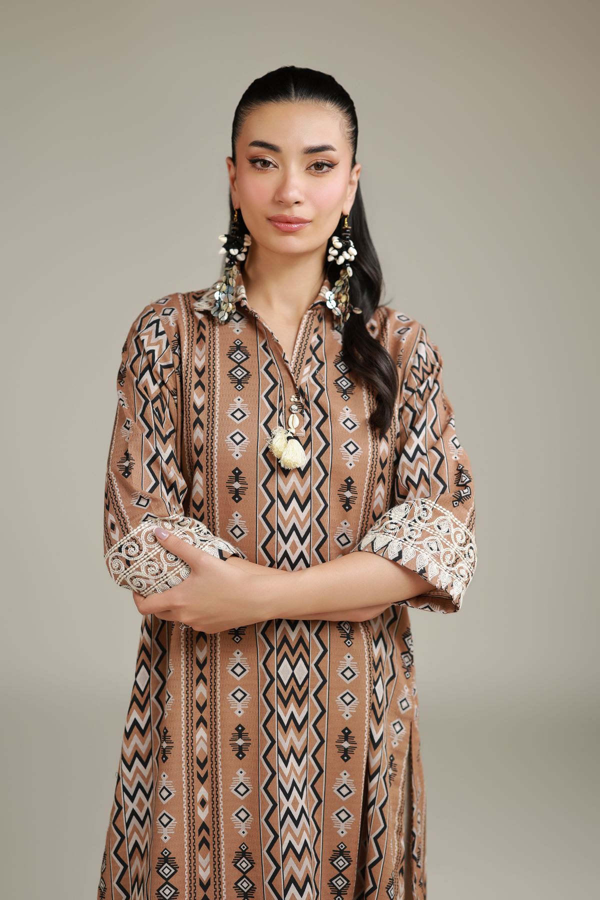 Embroidered Cotton Dobby Brown Cotton Kurta - T-A22-26-118FD2-VG