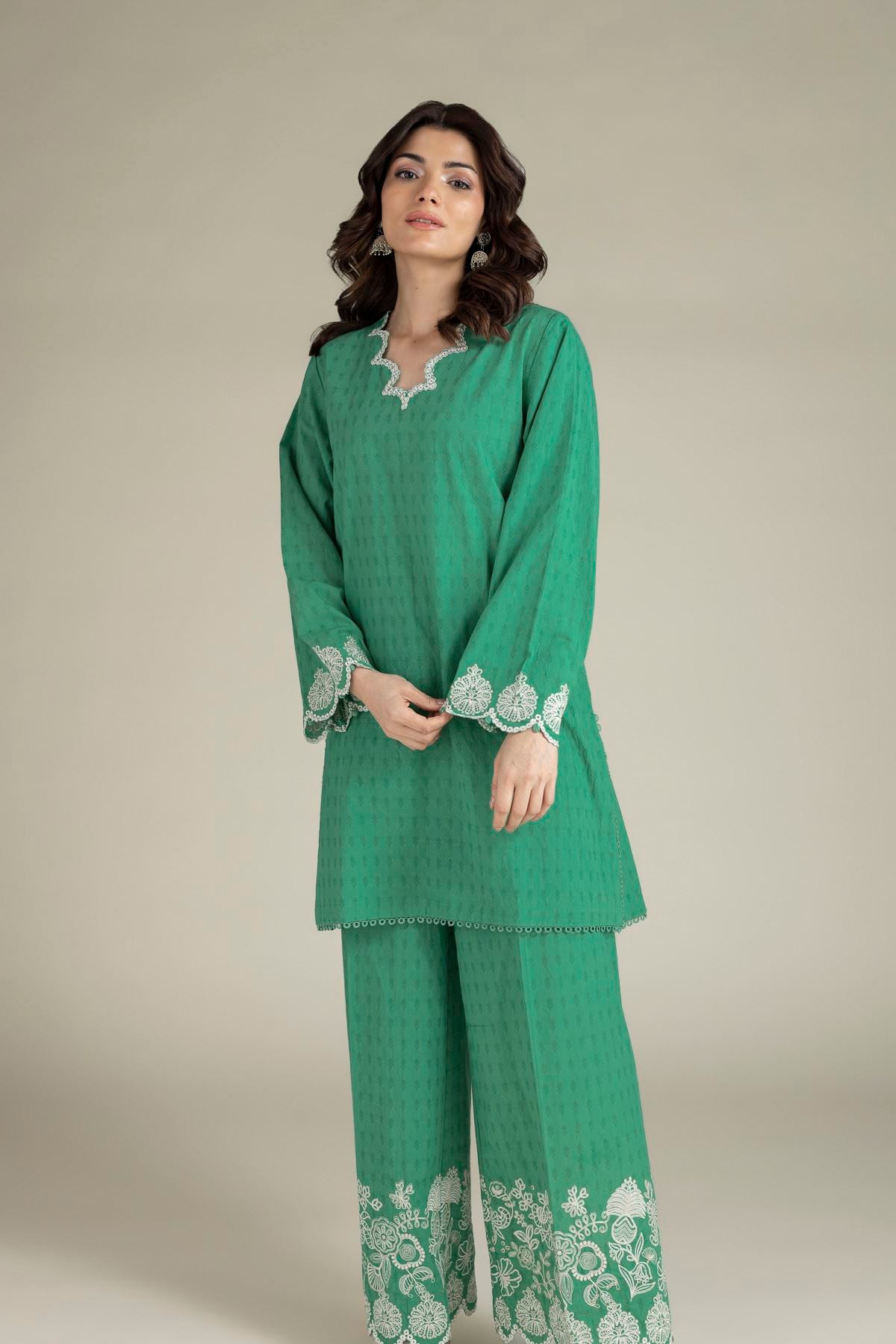 Embroidered Cotton Dobby Green Tailored Set - T-A112-26-104EJ1-VG