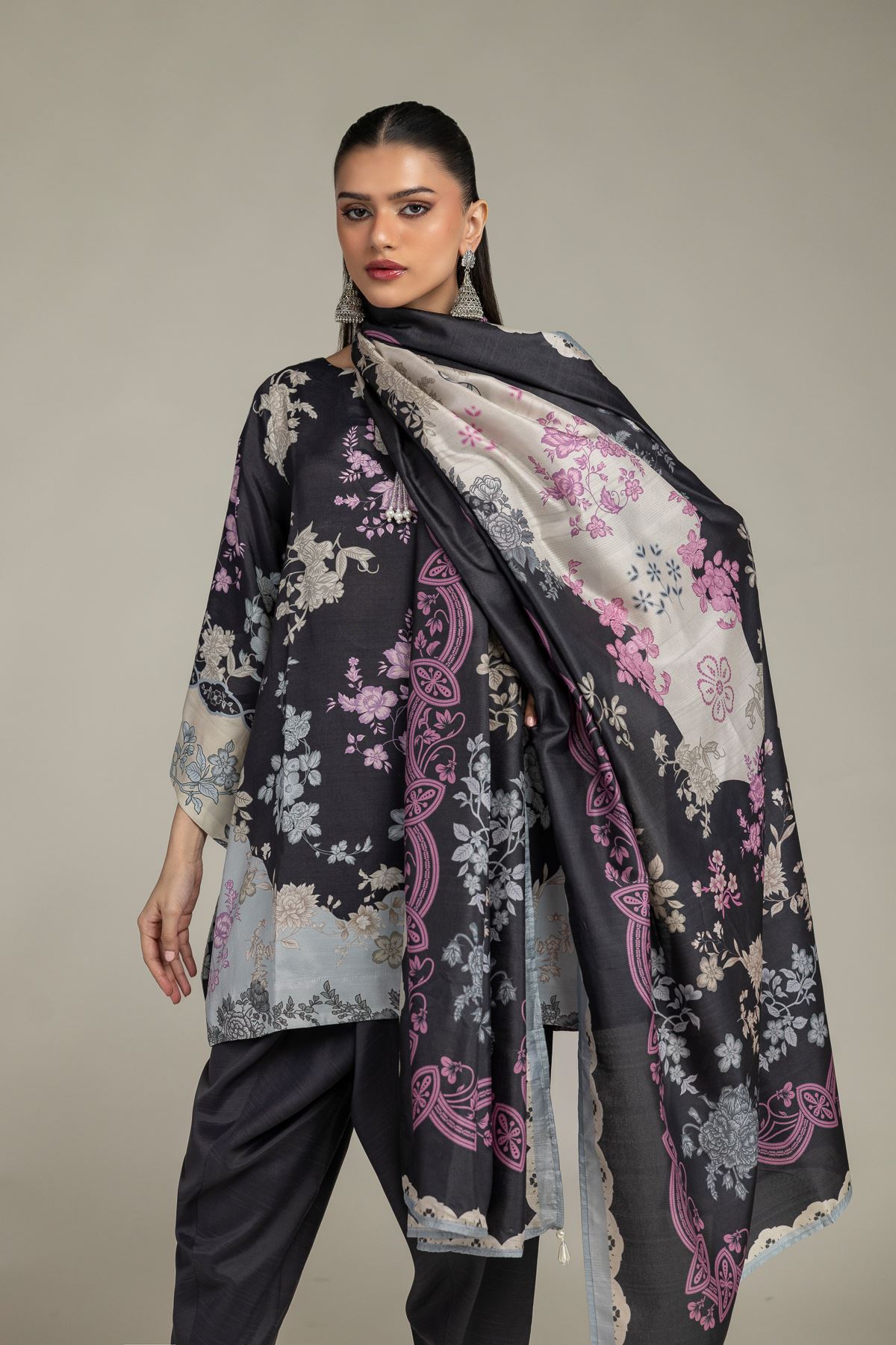 Embroidered Polyester Silk Black Floral Dupatta - 1-26-203-A-J2-VG