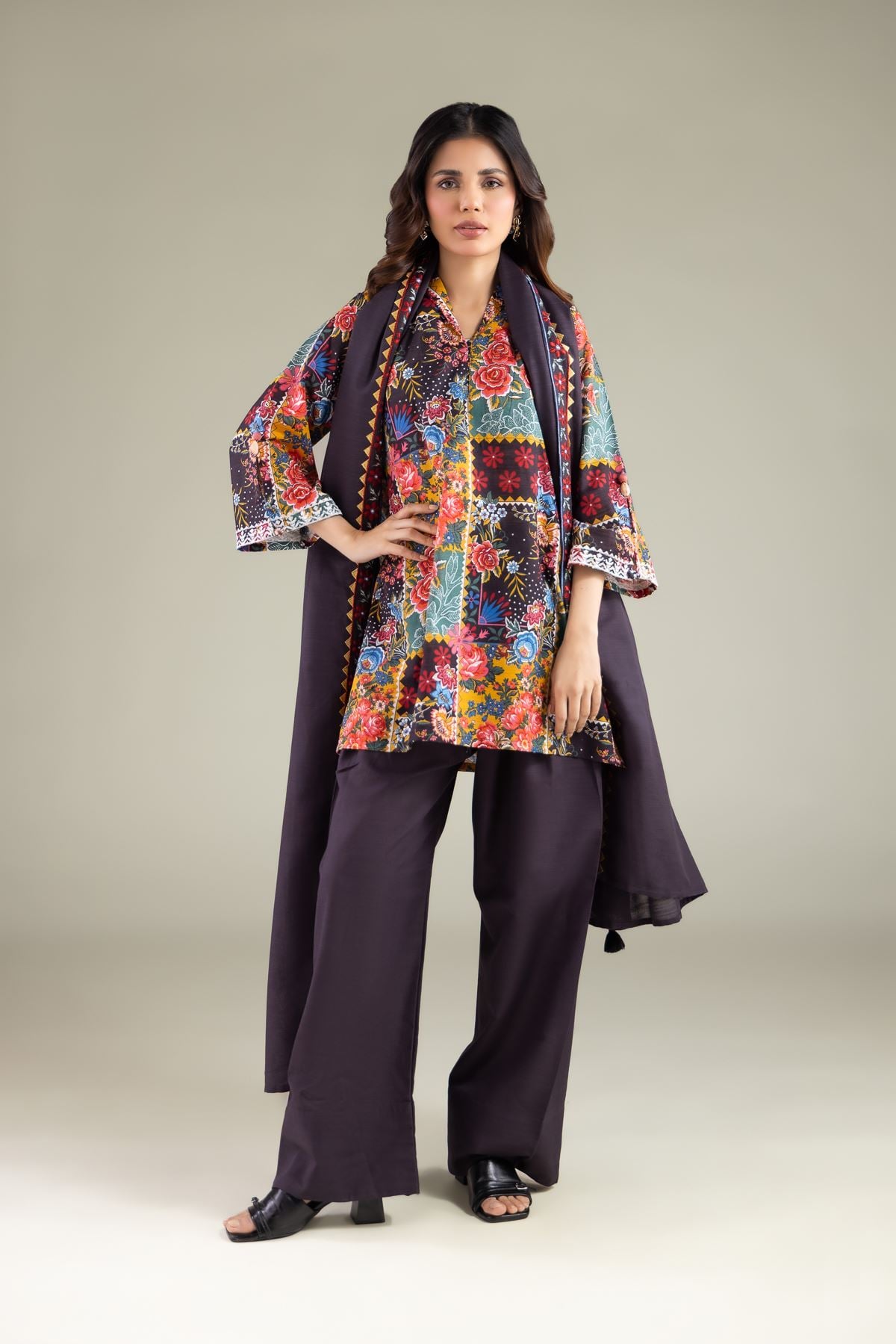 Embroidered Textured Cotton Floral V-Neck Kurta - 1-26-144-B-E-VG