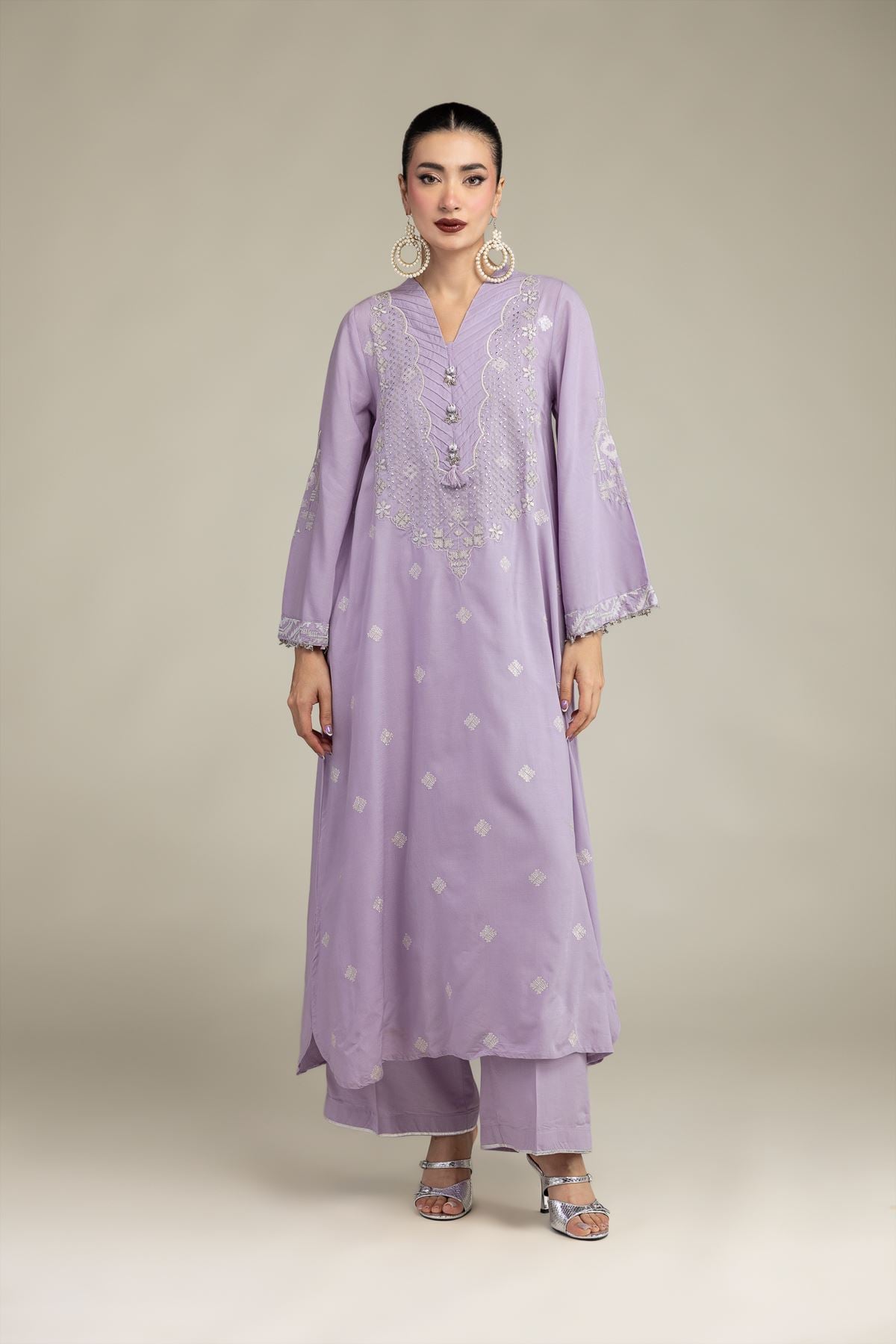 Embroidered Raw Silk Solid Lavender Pants - 2-26-207-A-C1-VG