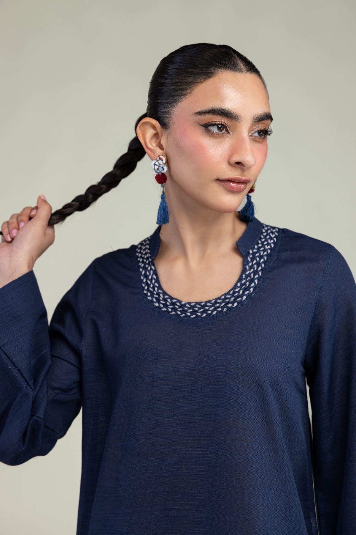 Dyed Textured Cotton Navy Round-Neck Kurta - 12-26-106-F-D-VG