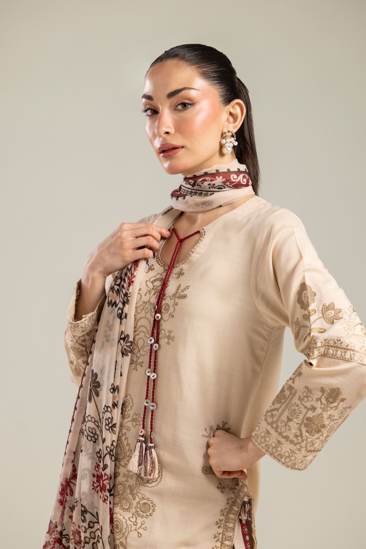 Embroidered Chiffon Floral Beige Dupatta - 2-26-202-A-D-VG