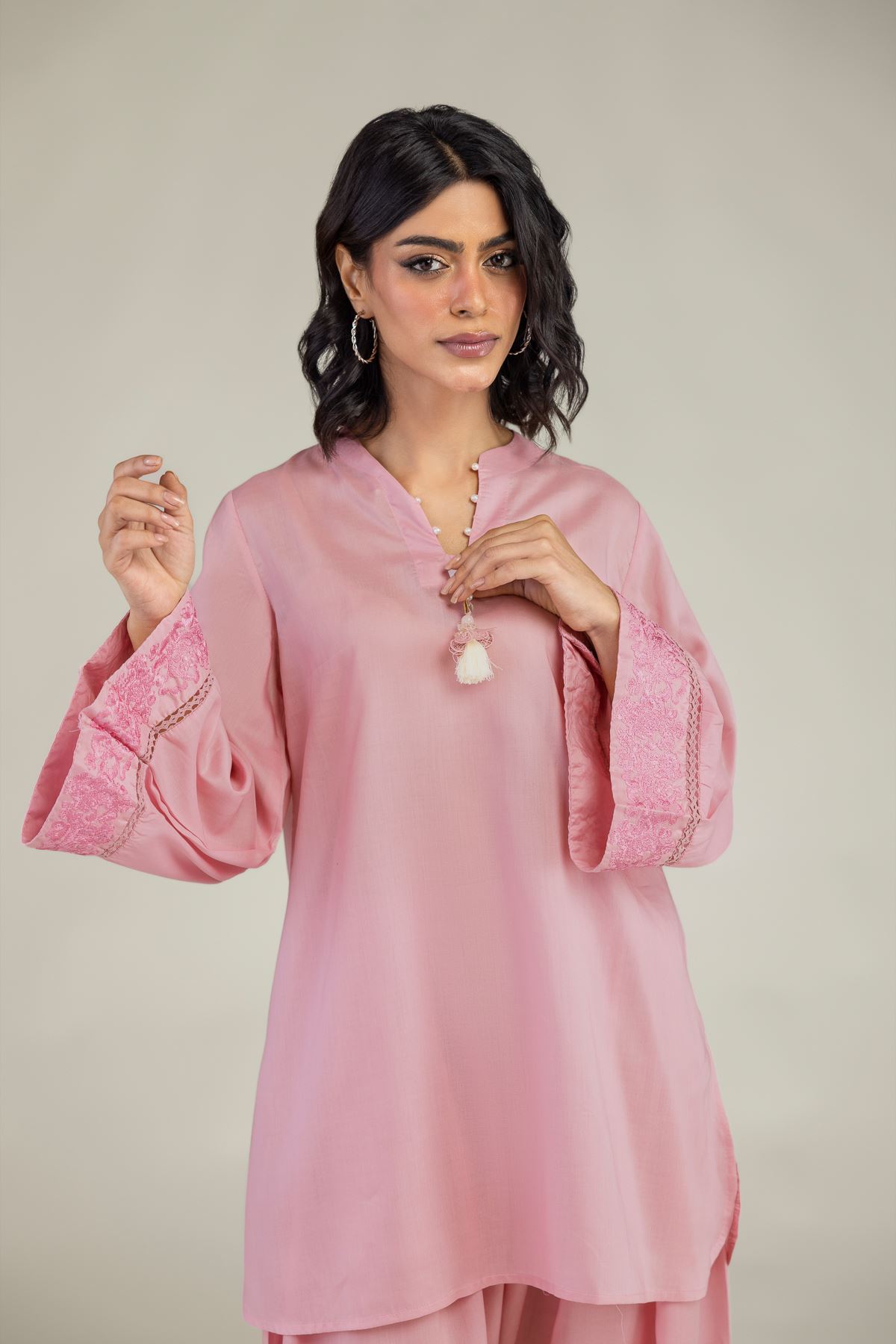 Embroidered Lyocell Short V-Neck Kurta - 1-26-240-A-I1-VG