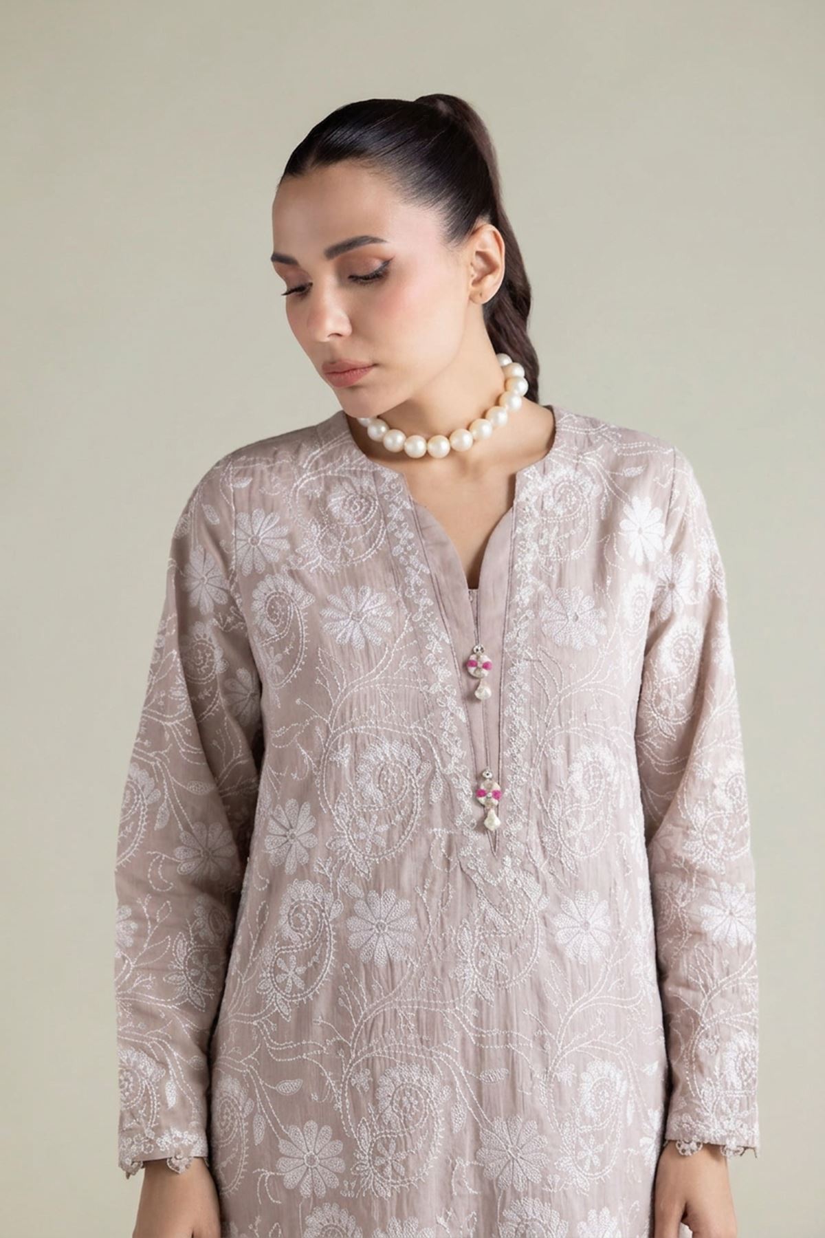 Embroidered Textured Cotton Tailored 2 Piece | Top and Bottom - T-A22-26-207FE2-VG