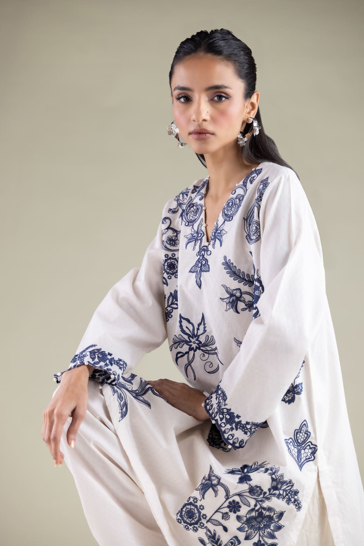 Embroidered Cotton Dobby Floral V-Neck Kurta - 1-26-108-A-F-VG