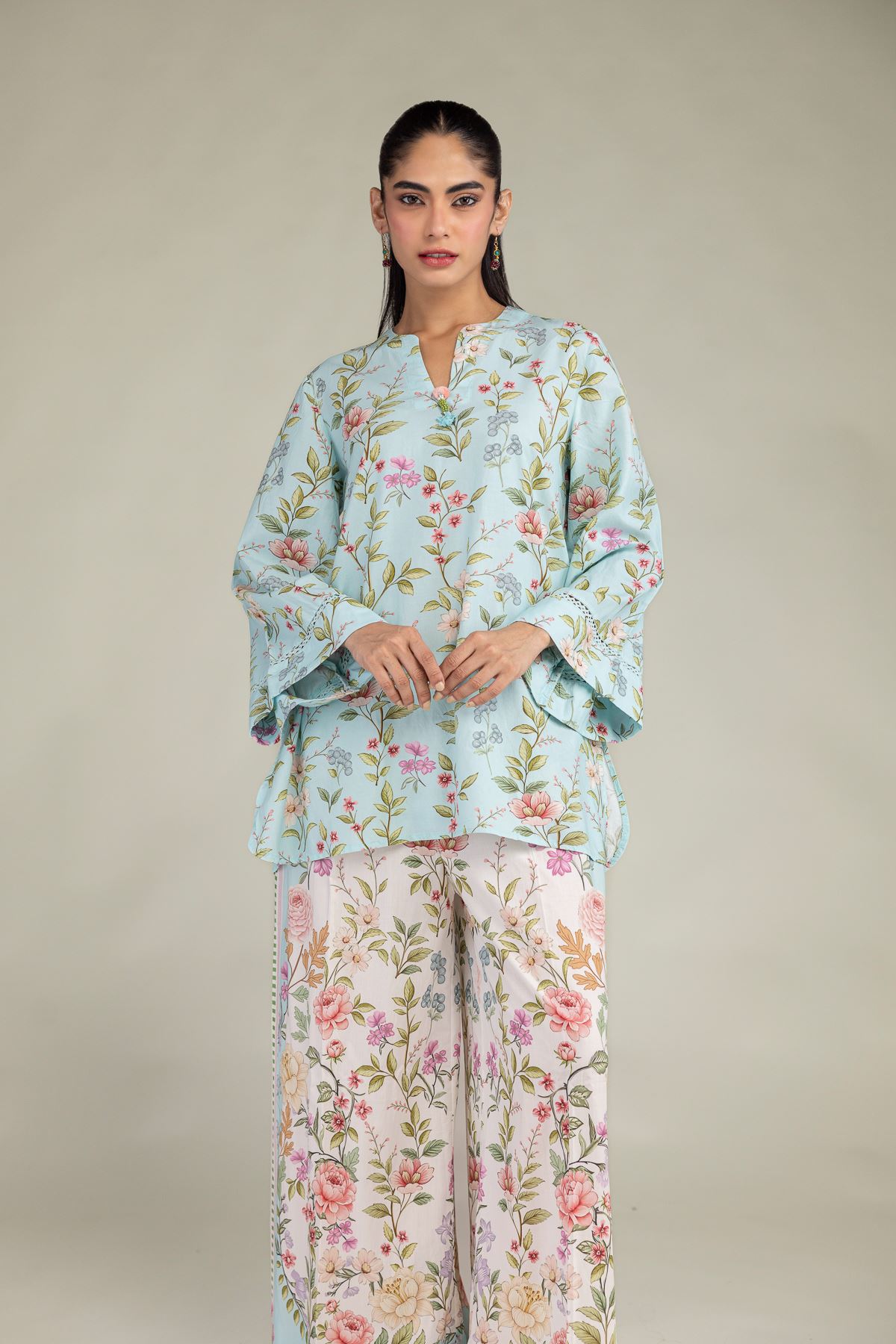 Printed Cotton Viscose Blue V-Neck Kurta - 1-26-216-B-F1-VG
