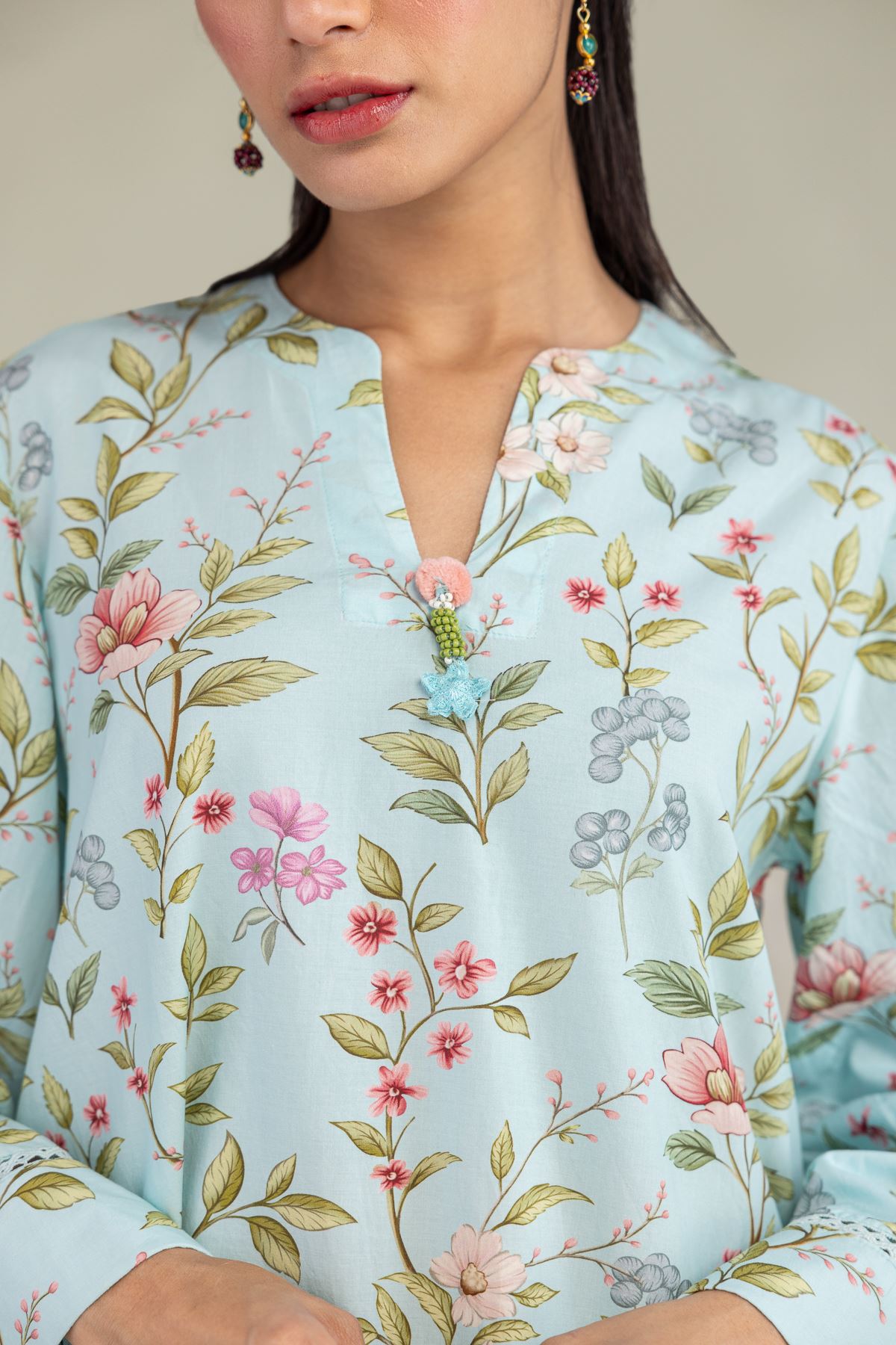 Printed Cotton Viscose Blue V-Neck Kurta - 1-26-216-B-F1-VG
