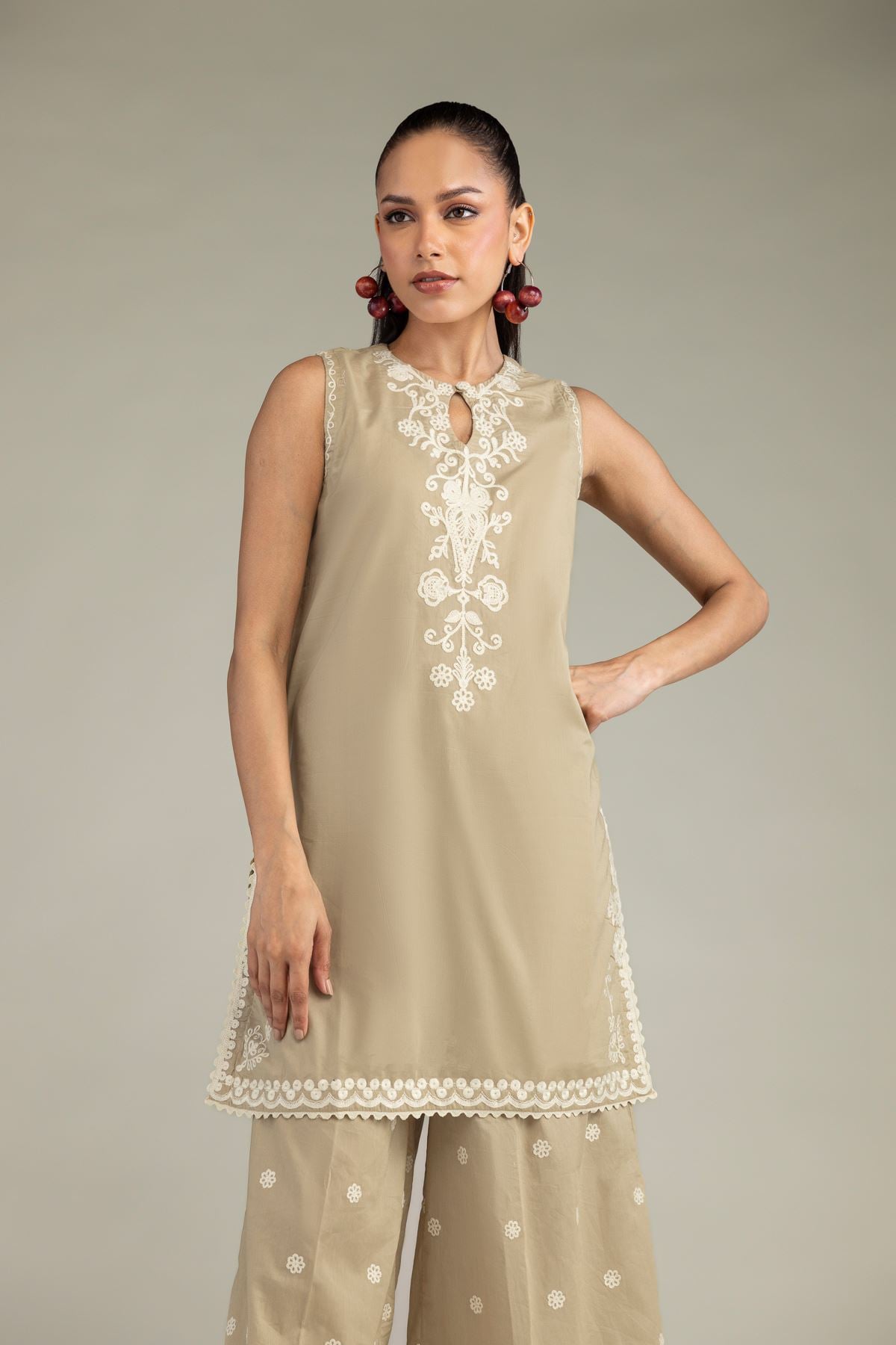 Embroidered Cambric Beige Sleeveless Kurta - 1-26-102-A-F-VG