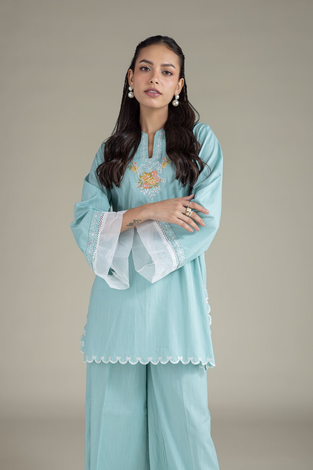 Embroidered Textured Cambric Short Floral Kurta - 1-26-108-A-F-VG
