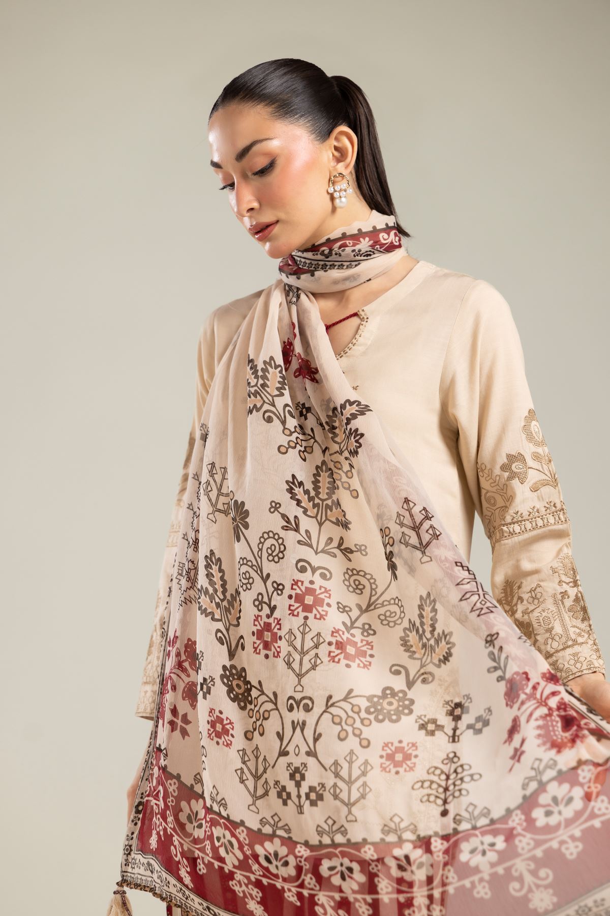 Embroidered Chiffon Floral Beige Dupatta - 2-26-202-A-D-VG