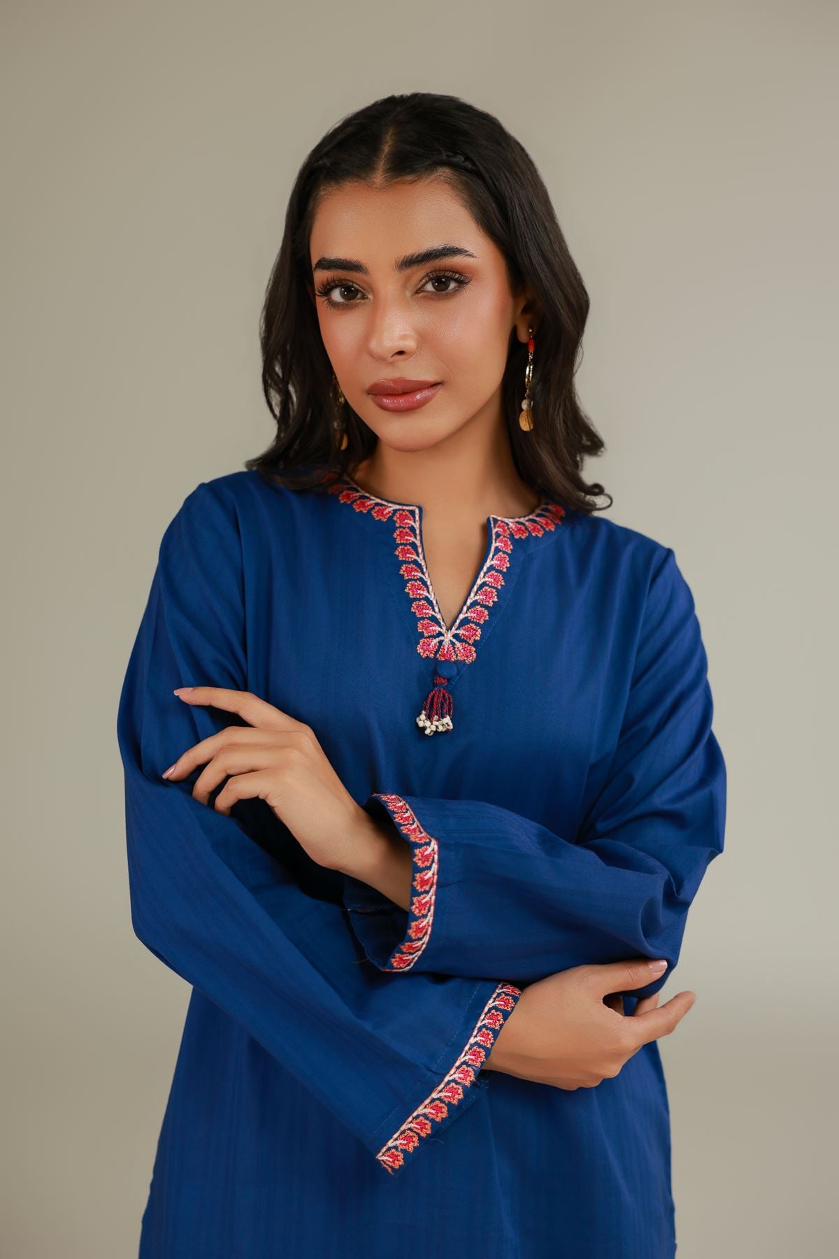 Embroidered Cotton Dobby Solid Blue Kurta - 1-26-137-A-B-VG