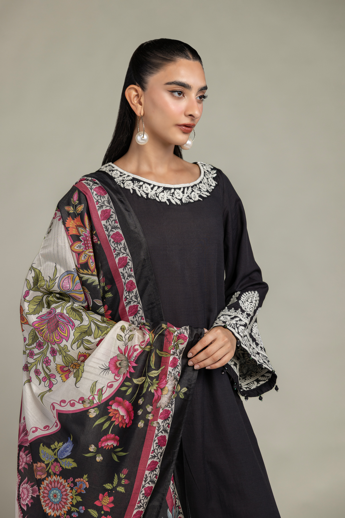 Embroidered Polyester Silk Black Silk Dupatta - 2-26-106-A-H-VG