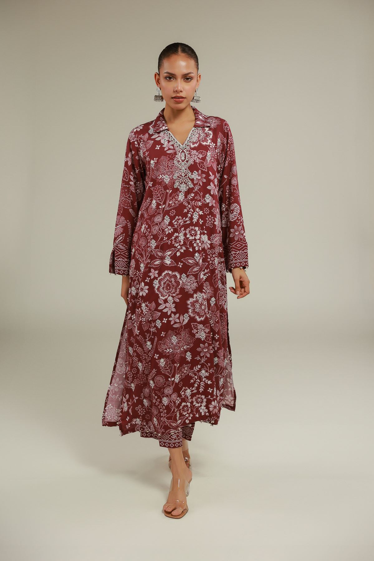 Embroidered Raw Silk Floral Longline Kurta - 25-10-12E9-02TA-VG