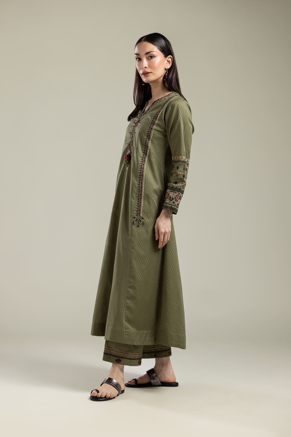 Embroidered Cotton Dobby Olive Floral Kurta - T-A112-26-106EC1-VG