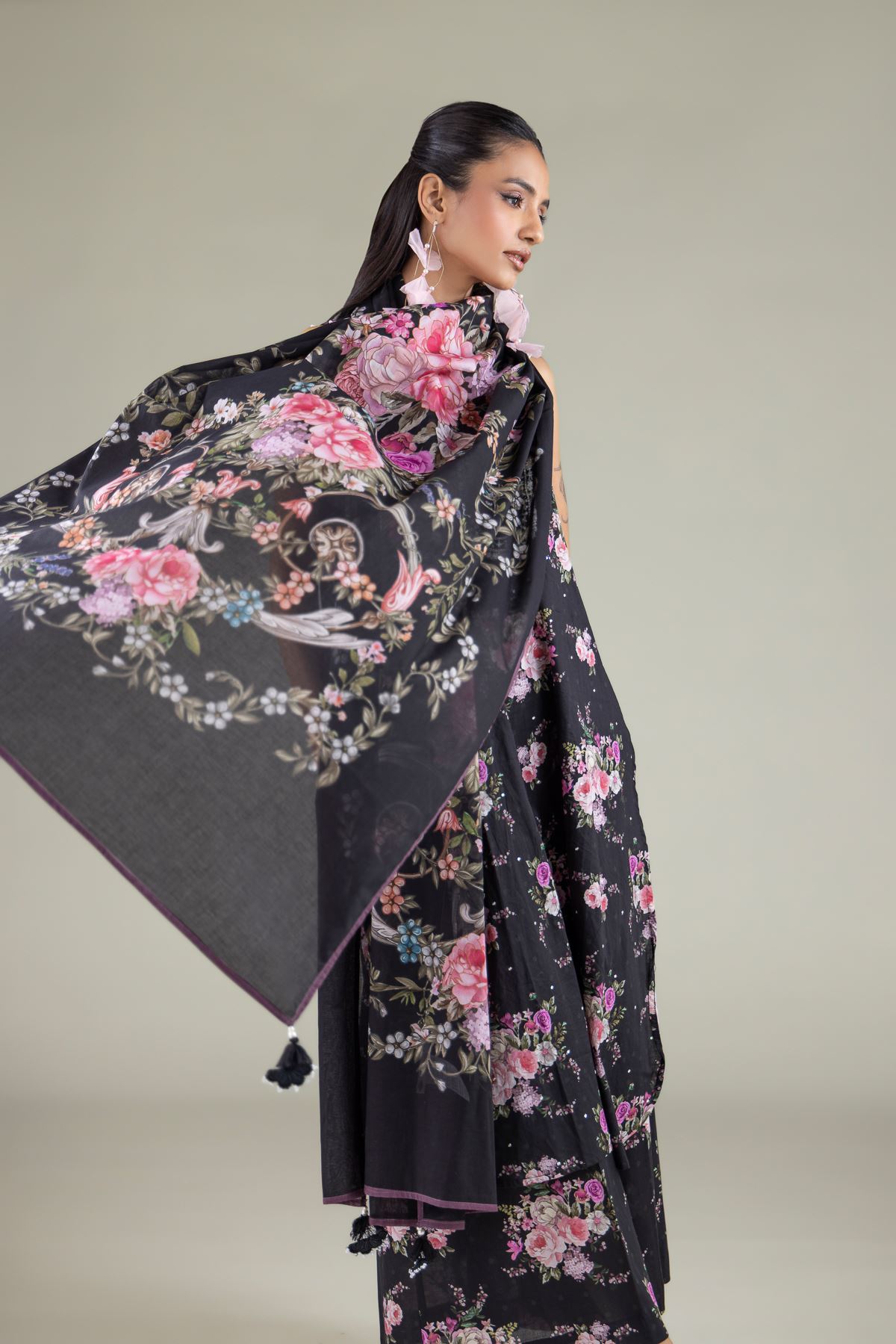 Embroidered Lawn Floral Draped Dupatta - 1-26-111-A-G-VG