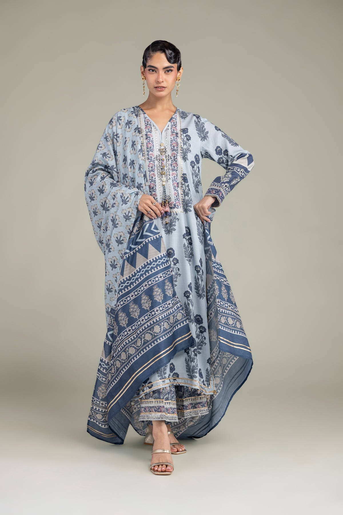 Embroidered Polyester Silk Blue Silk Dupatta - 1-26-102-A-F-VG