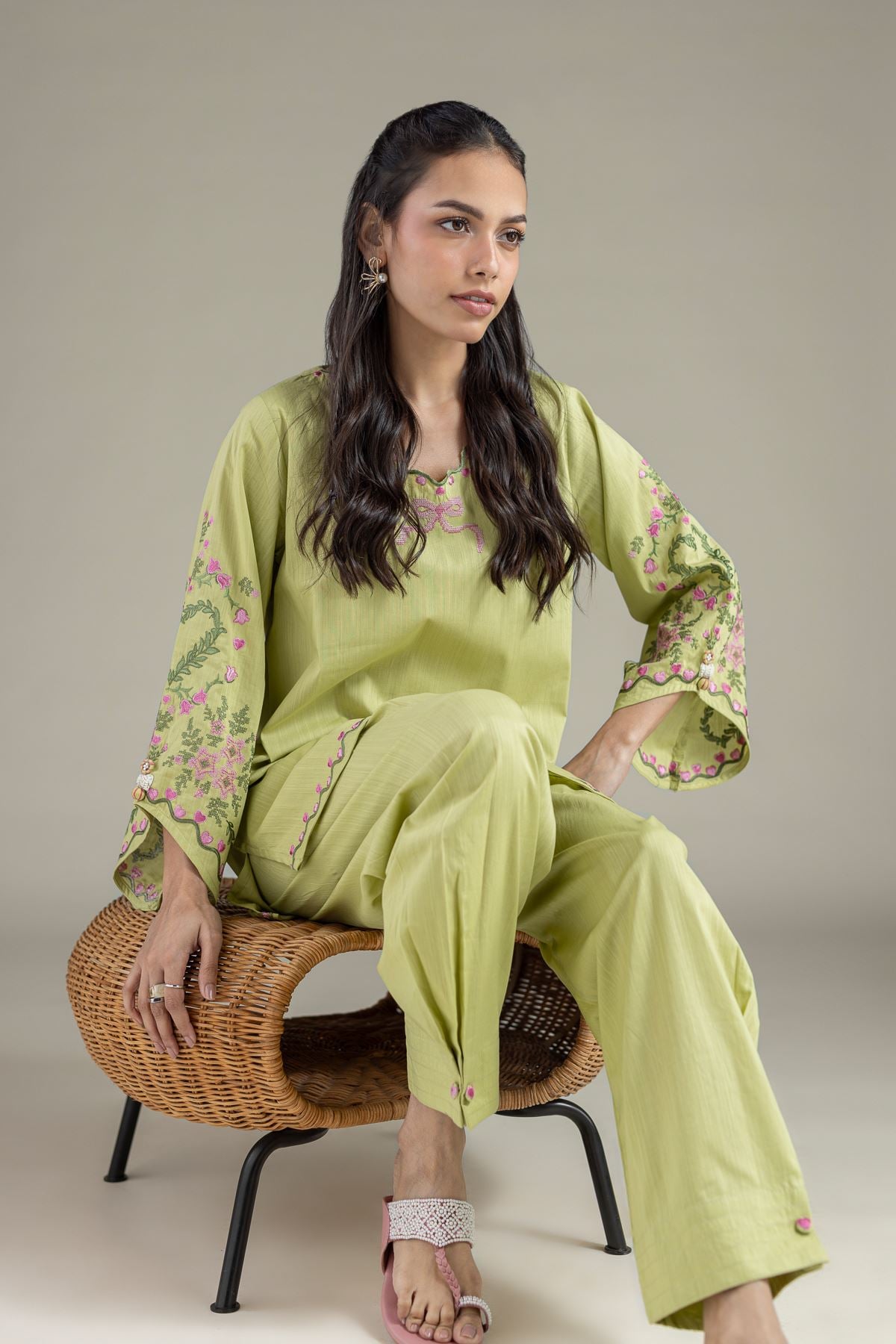 Embroidered Textured Cambric Scalloped Floral Kurta - CA44BST-VG