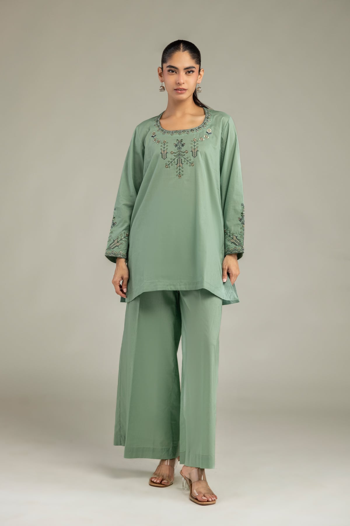 Embroidered Cambric Green Solid Pants - 1-26-102-A-F-VG