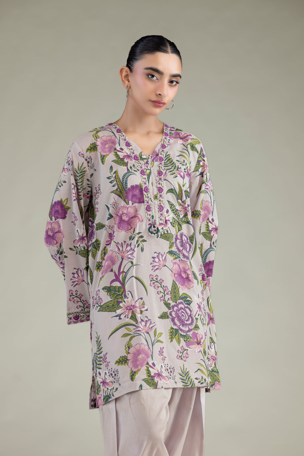 Printed Cambric Floral V-Neck Kurta - 1-26-239-A-G1-VG