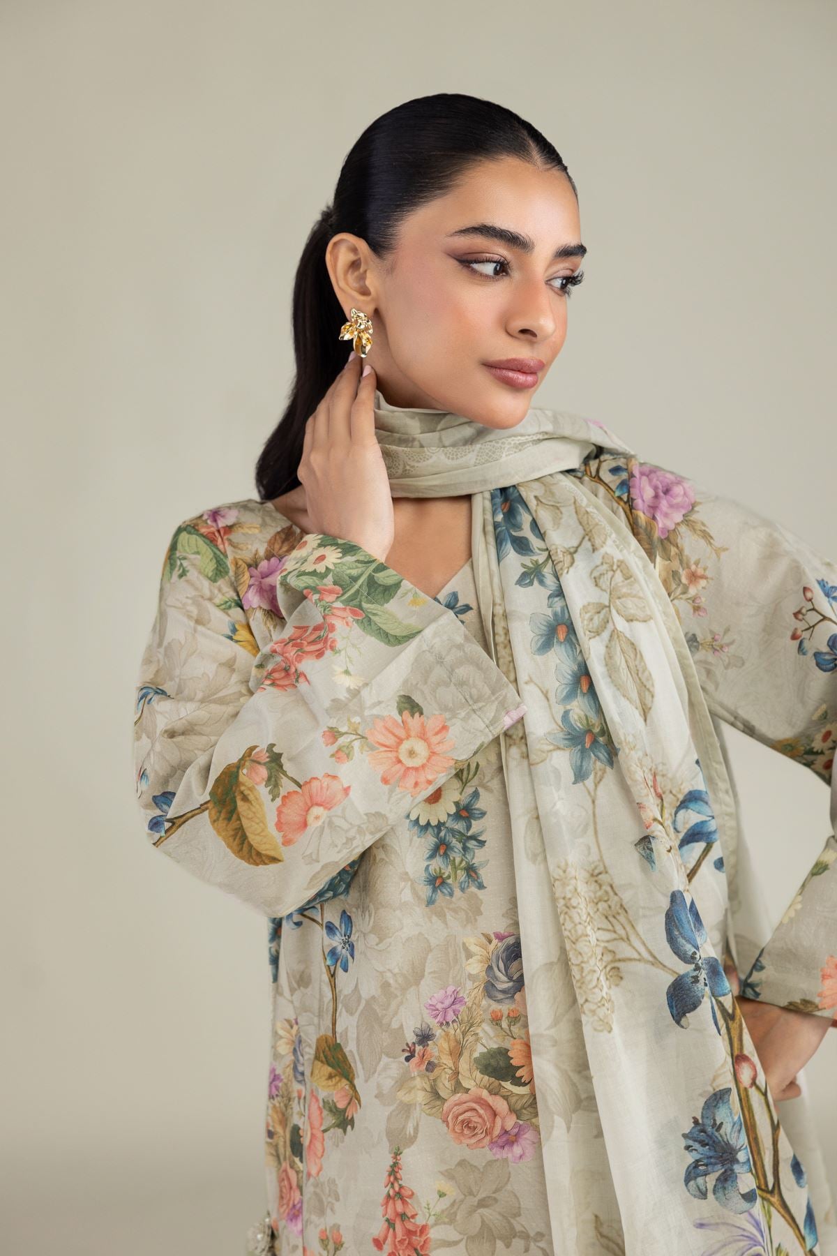 Printed Lawn Beige Lawn Dupatta - 1-26-102-A-F-VG