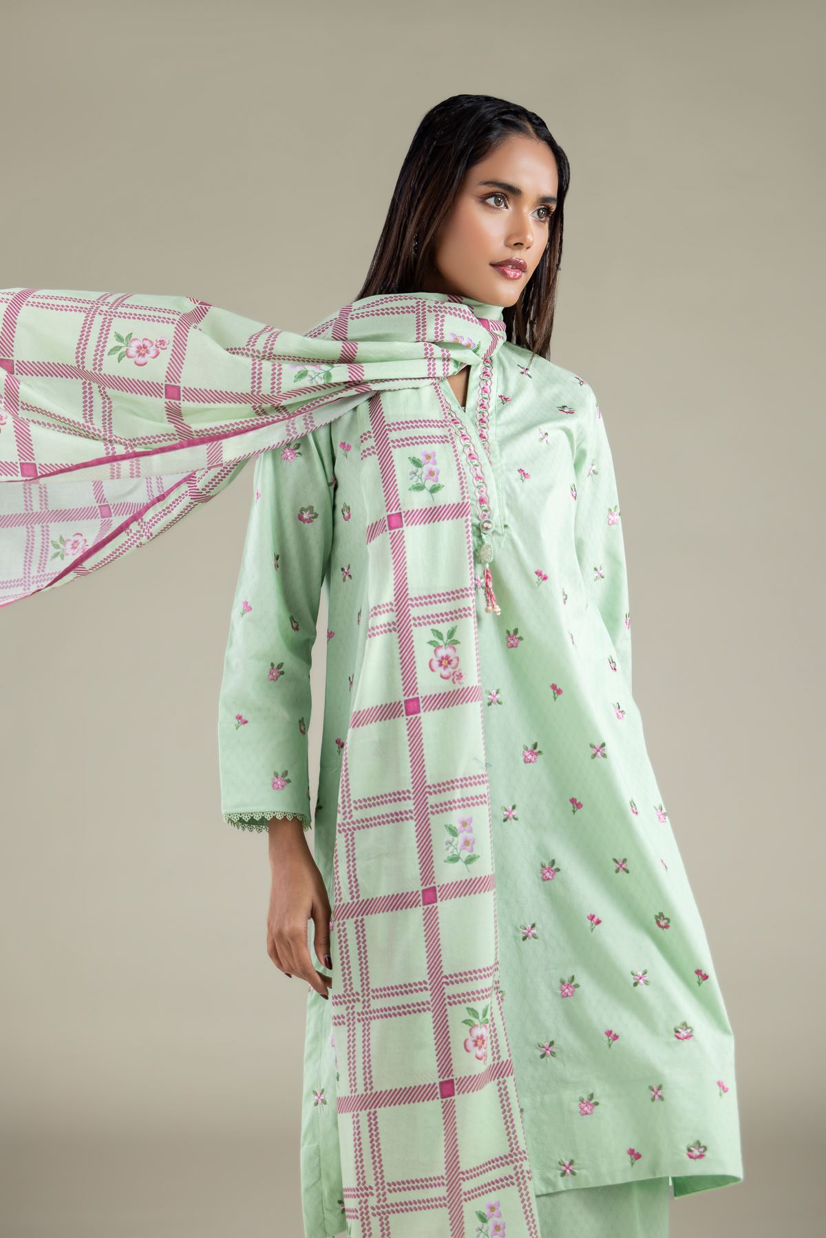 Embroidered Cotton Dobby Floral Band-Collar Kurta - 2-26-101-A-D-VG