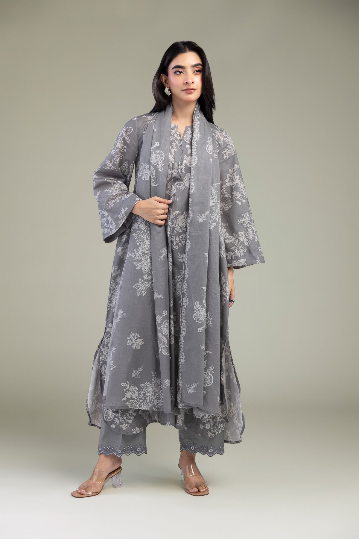 Embroidered Lawn Gray Lawn Dupatta - 1-26-102-A-F-VG